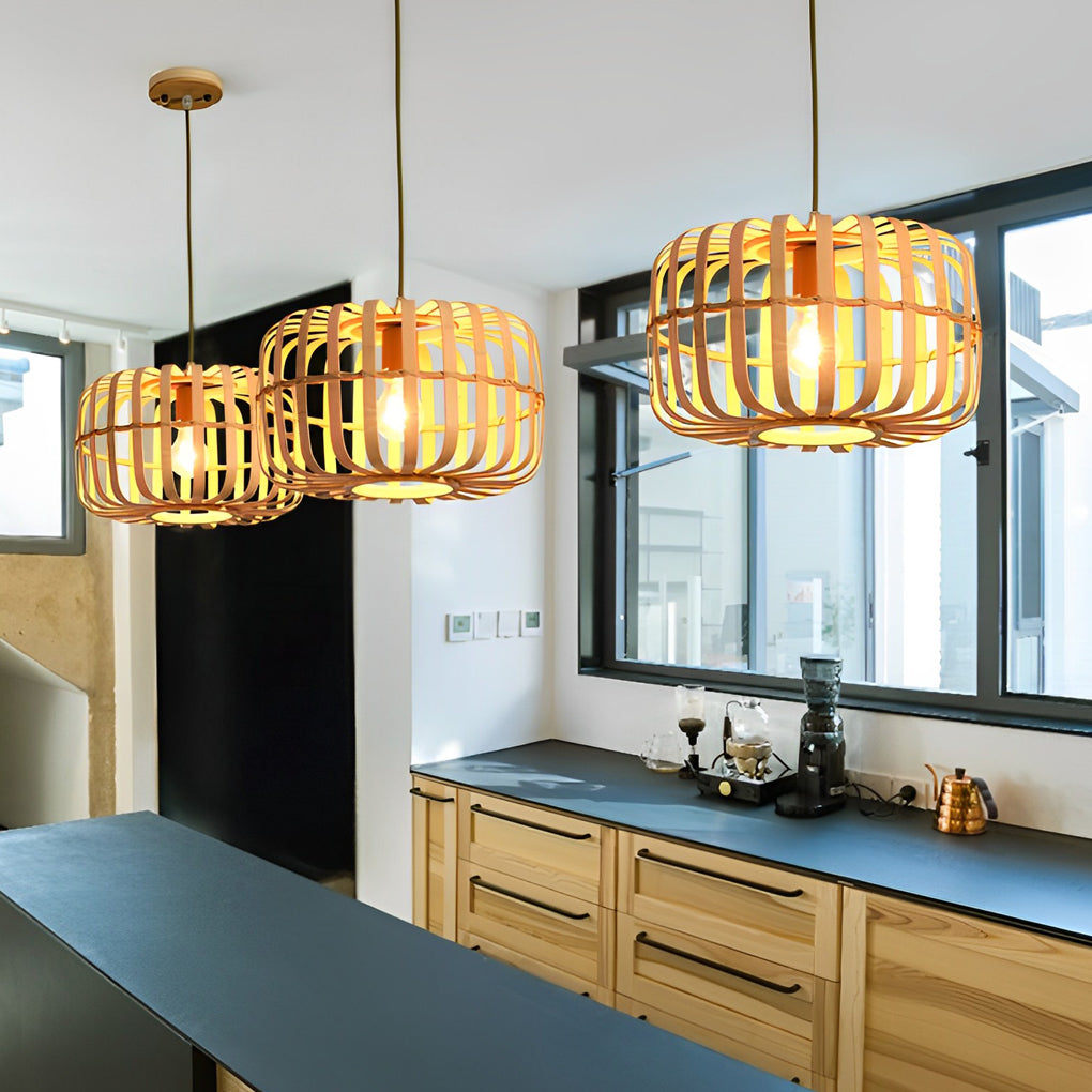 Round Rectangle Bamboo Bird Cage Pendant Light Natural Burlywood Hanging Ceiling Lamp