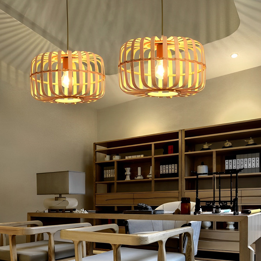 Round Rectangle Bamboo Bird Cage Pendant Light Natural Burlywood Hanging Ceiling Lamp