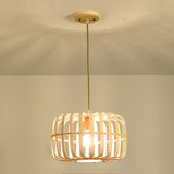 Round Rectangle Bamboo Bird Cage Pendant Light Natural Burlywood Hanging Ceiling Lamp