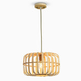 Round Rectangle Bamboo Bird Cage Pendant Light Natural Burlywood Hanging Ceiling Lamp