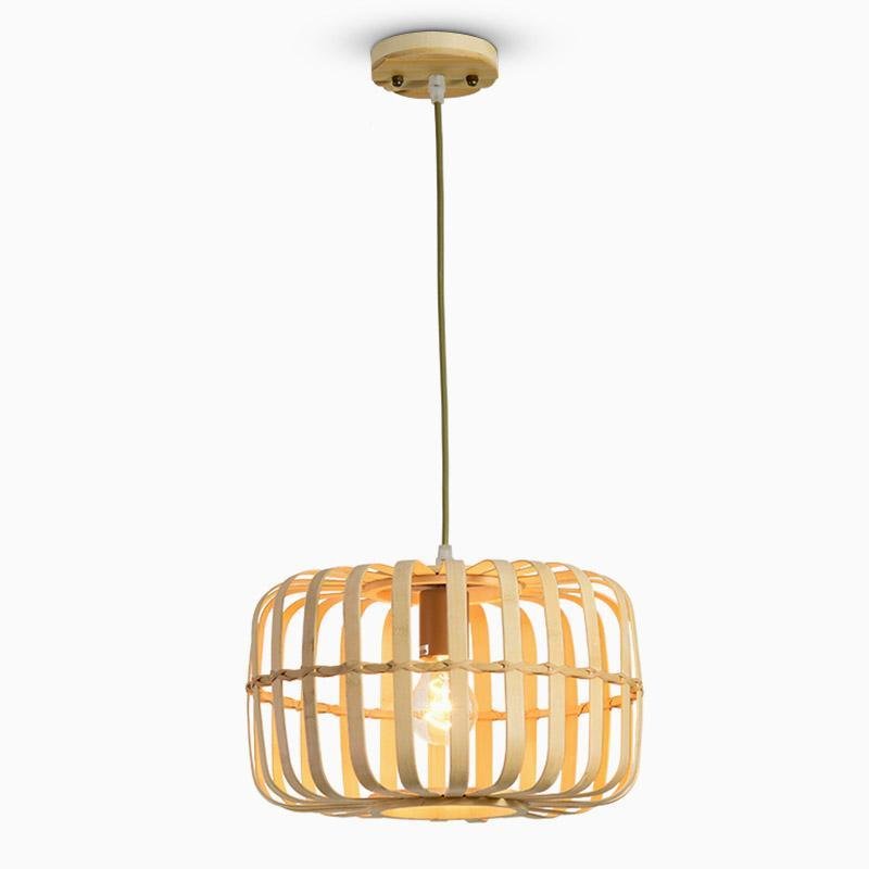Round Rectangle Bamboo Bird Cage Pendant Light Natural Burlywood Hanging Ceiling Lamp