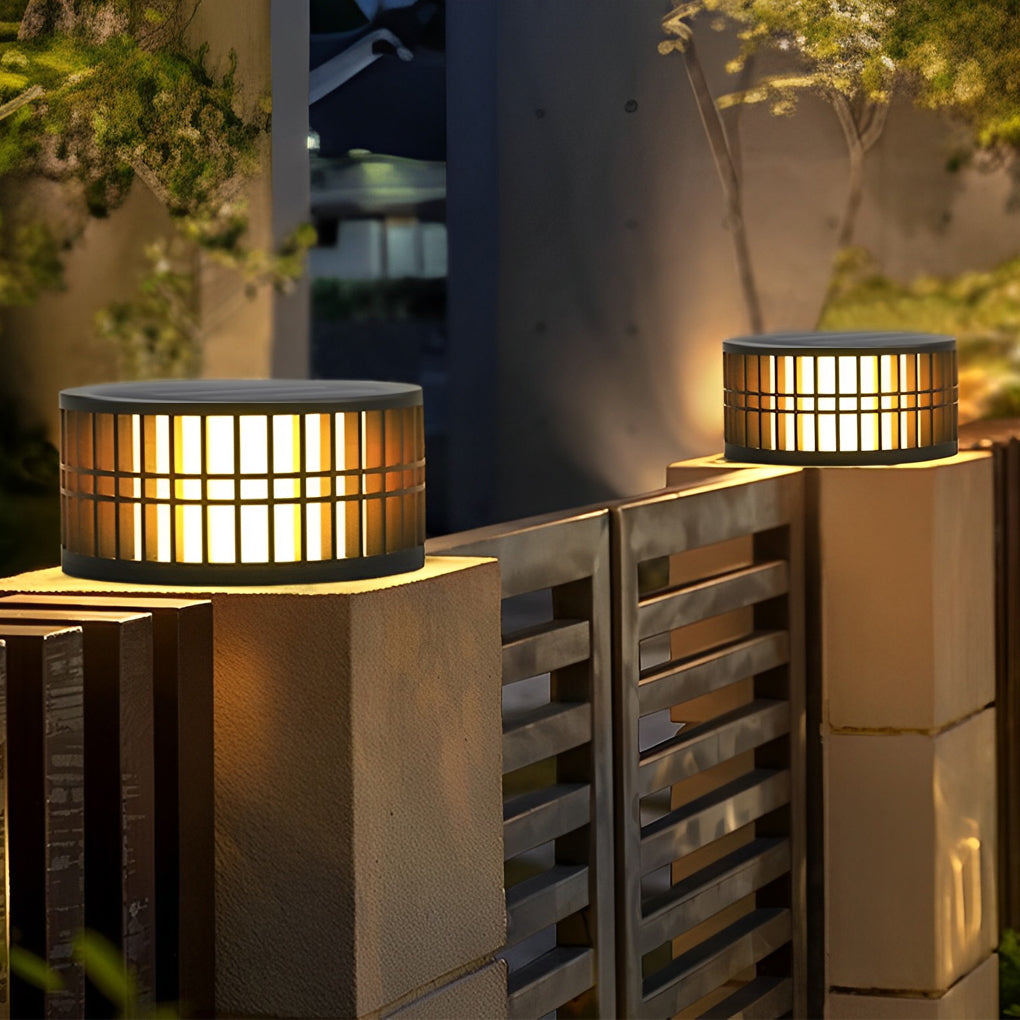 Round Solar Powered Fence Post Lights Modern Black Outdoor LED Garden Pillar Lamp Waterproof
