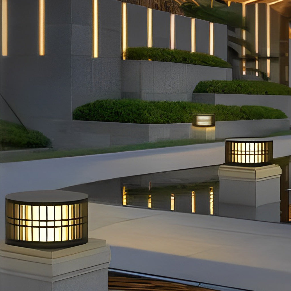 Round Solar Powered Fence Post Lights Modern Black Outdoor LED Garden Pillar Lamp Waterproof