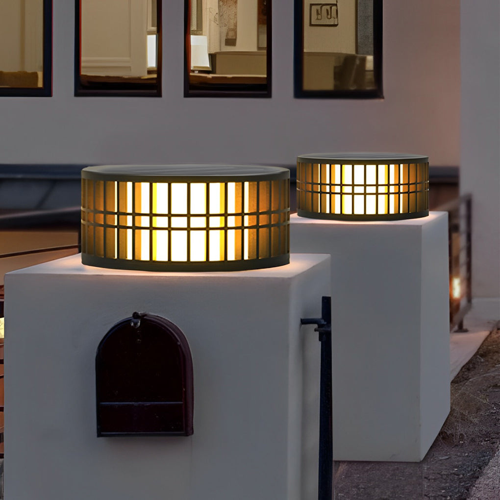 Round Solar Powered Fence Post Lights Modern Black Outdoor LED Garden Pillar Lamp Waterproof