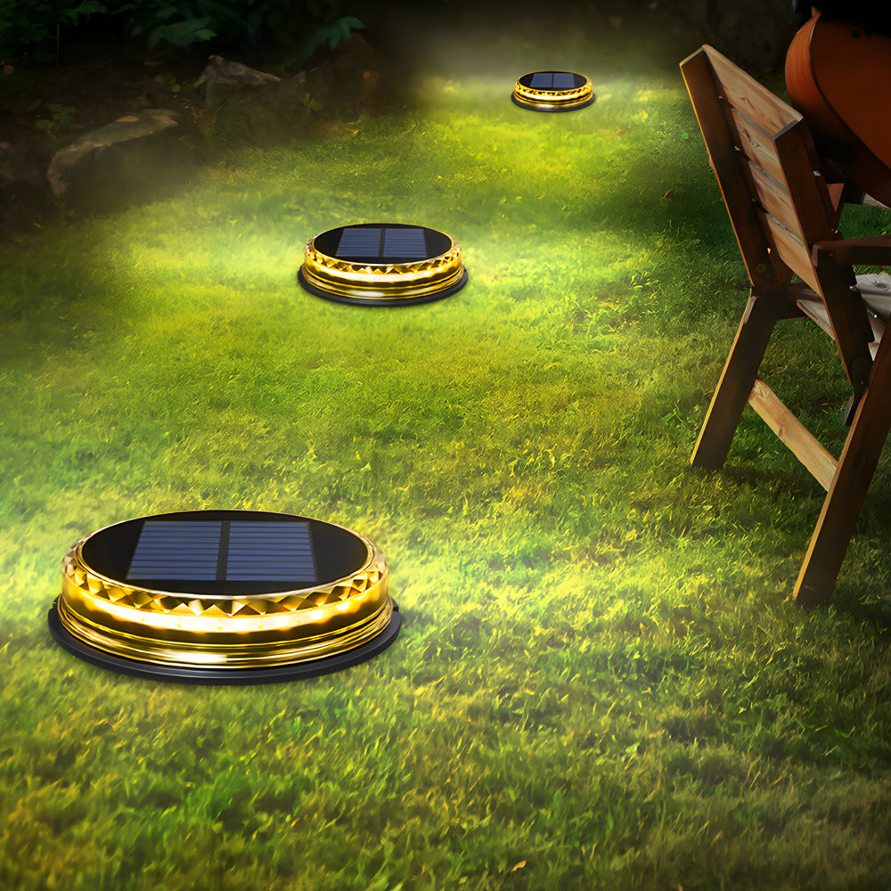 Round Solar Powered LED In Ground Path Lights 4 Pack for Outdoor Garden Walkways and Lawns Black