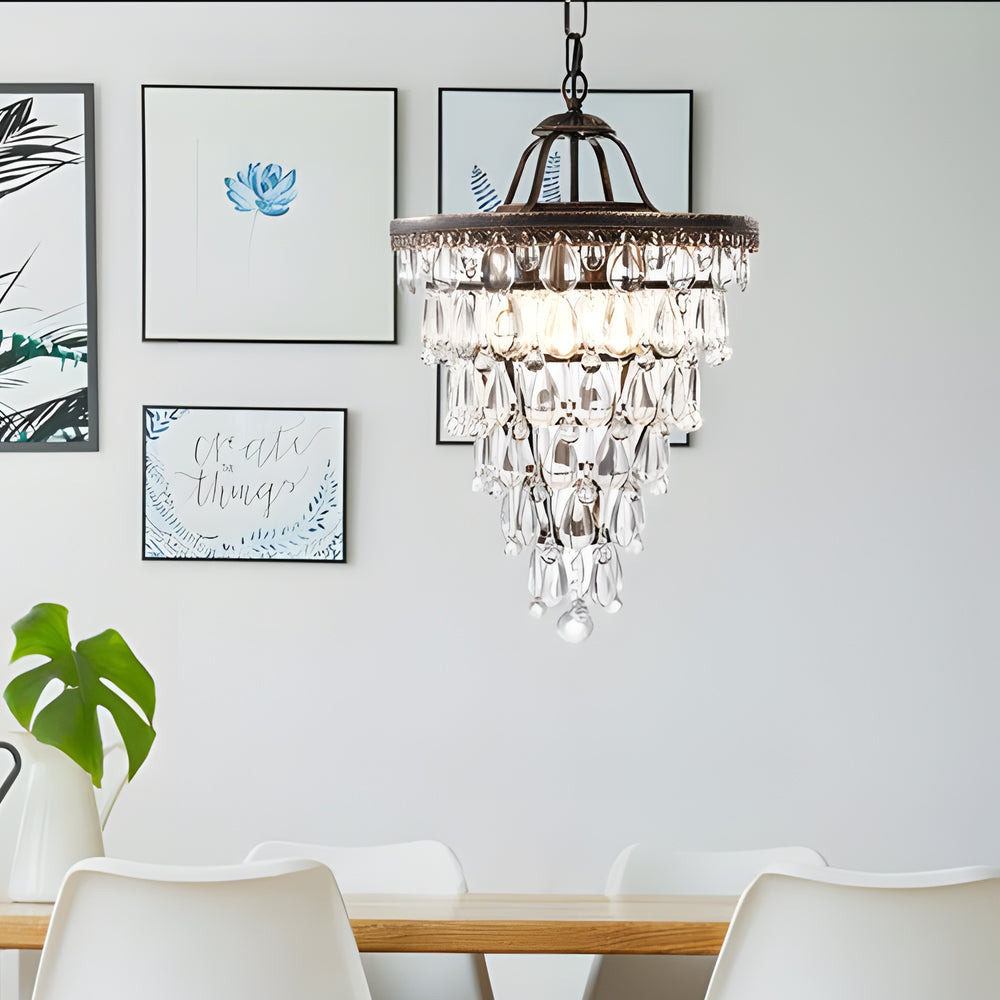 Round Tiered Crystal Water Drop Chandelier with Aged Gold Metal Frame and Teardrop Glass Accents