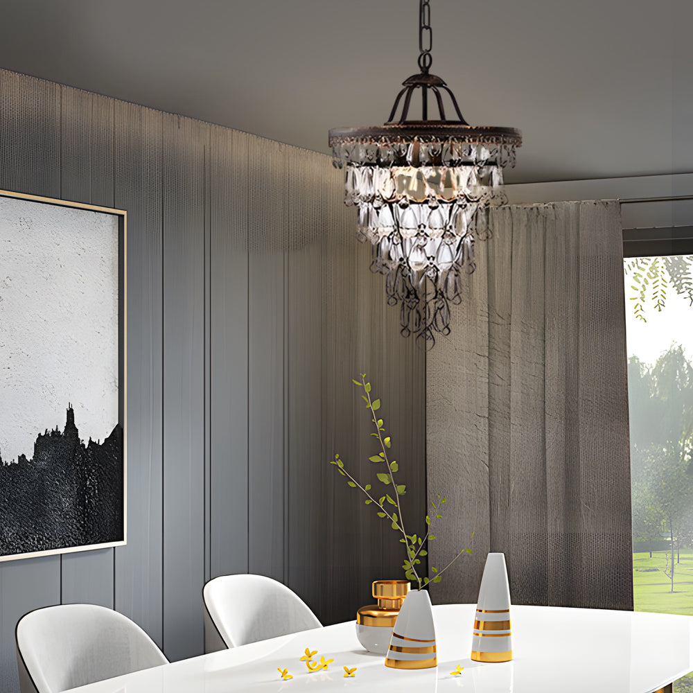 Round Tiered Crystal Water Drop Chandelier with Aged Gold Metal Frame and Teardrop Glass Accents