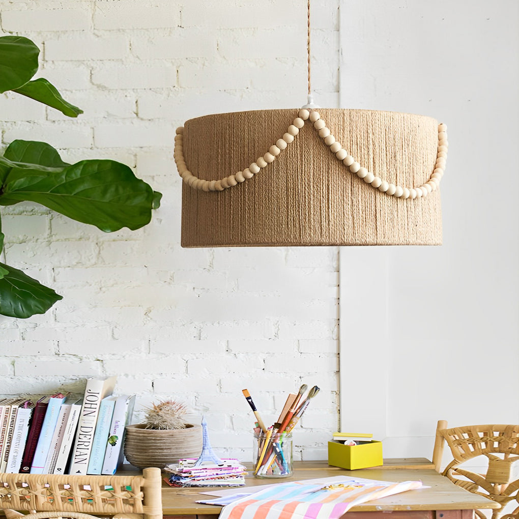 Round Wood Bead Chandelier with Natural Twine Rope and Boho Tassels for Bedroom or Dining Room