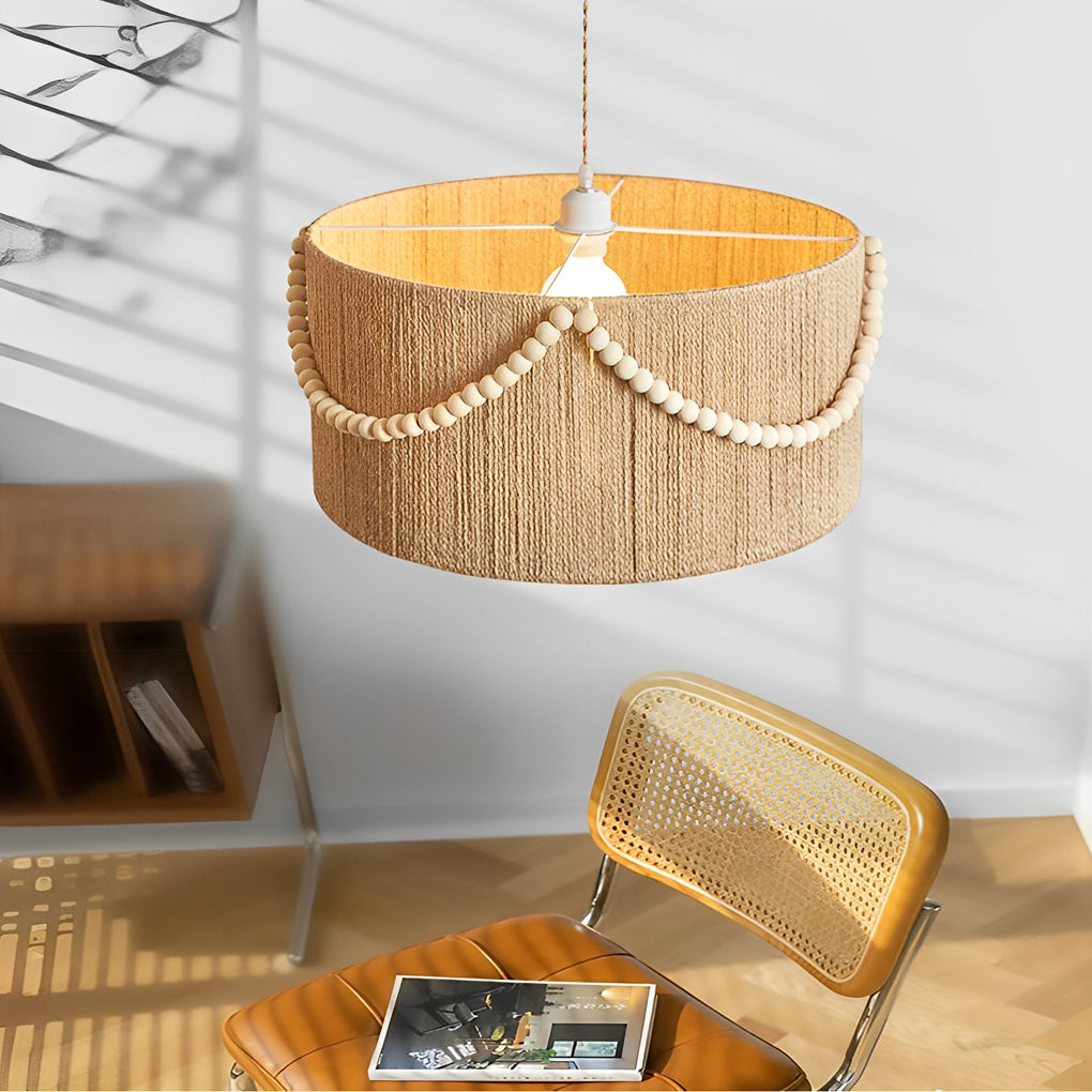 Round Wood Bead Chandelier with Natural Twine Rope and Boho Tassels for Bedroom or Dining Room