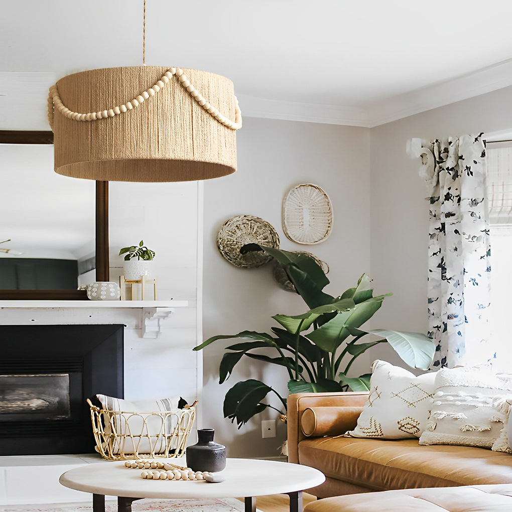 Round Wood Bead Chandelier with Natural Twine Rope and Boho Tassels for Bedroom or Dining Room