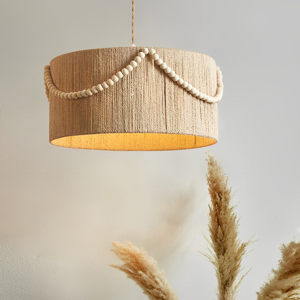 Round Wood Bead Chandelier with Natural Twine Rope and Boho Tassels for Bedroom or Dining Room