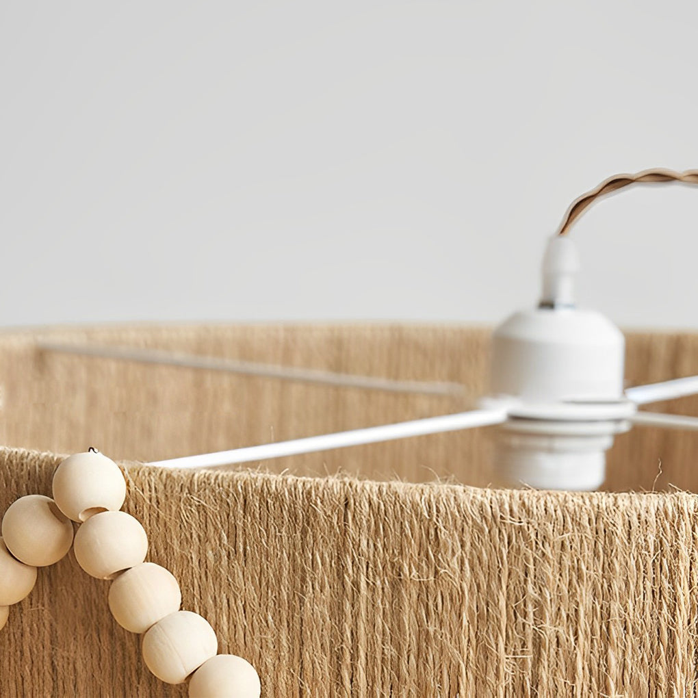 Round Wood Bead Chandelier with Natural Twine Rope and Boho Tassels for Bedroom or Dining Room