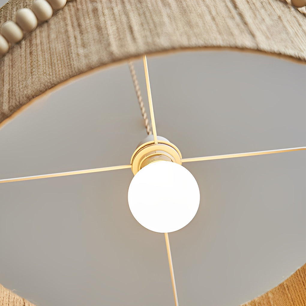 Round Wood Bead Chandelier with Natural Twine Rope and Boho Tassels for Bedroom or Dining Room