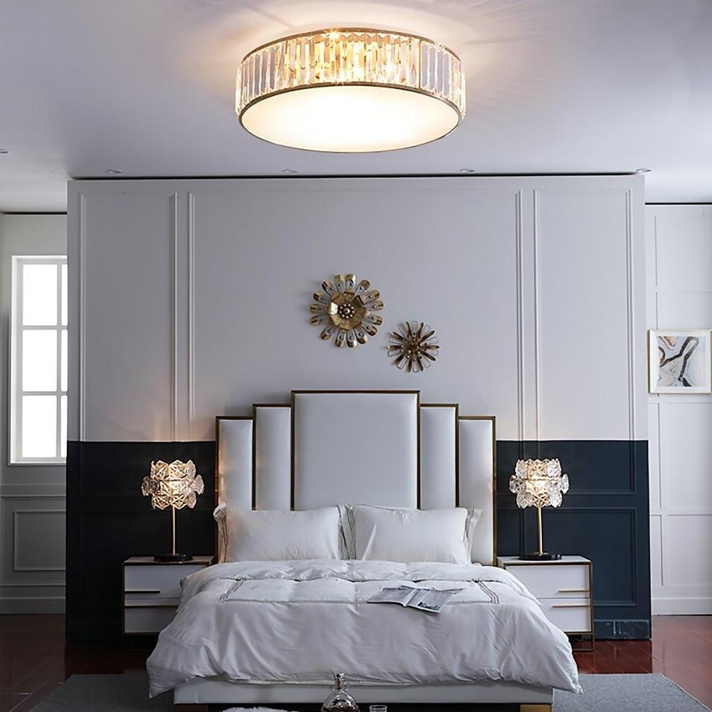 Nordic Crystal Drum LED Ceiling Light Brass Gold Flush Mount Fixture for Kitchen Living Room