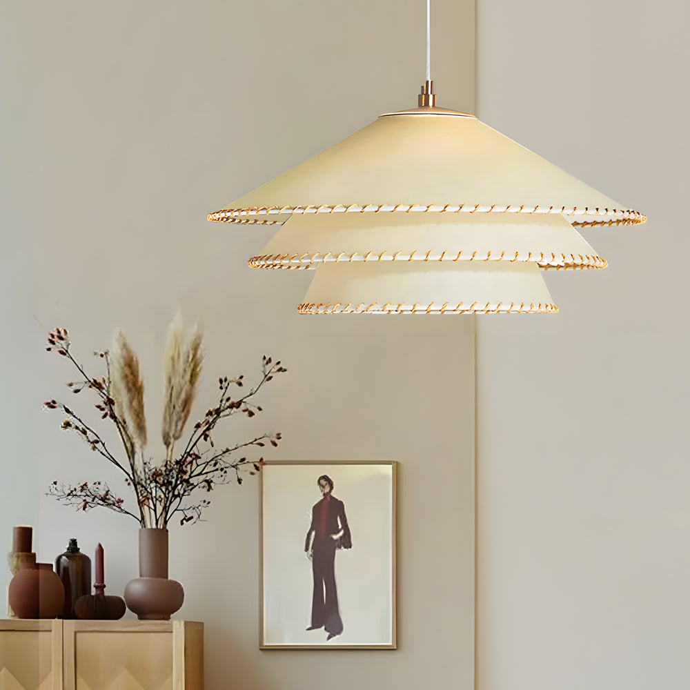 Rustic 3 Tier Parchment Pagoda Pendant Light Gold Metal Hanging Chandelier for Dining Room and Bedroom