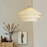 Rustic 3 Tier Parchment Pagoda Pendant Light Gold Metal Hanging Chandelier for Dining Room and Bedroom