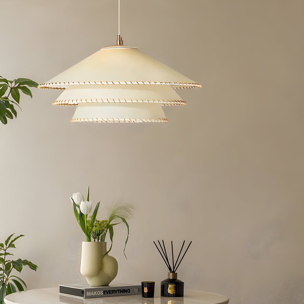 Rustic 3 Tier Parchment Pagoda Pendant Light Gold Metal Hanging Chandelier for Dining Room and Bedroom