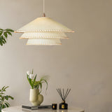 Rustic 3 Tier Parchment Pagoda Pendant Light Gold Metal Hanging Chandelier for Dining Room and Bedroom