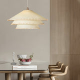 Rustic 3 Tier Parchment Pagoda Pendant Light Gold Metal Hanging Chandelier for Dining Room and Bedroom