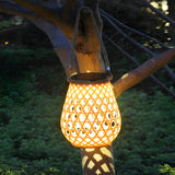 Rustic Bamboo Style LED Solar Outdoor Lantern with USB Charging Port for Garden and Patio