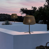 Rustic Outdoor Rattan Table Lamp IP65 Waterproof Wicker Shade with Black Stainless Steel Base