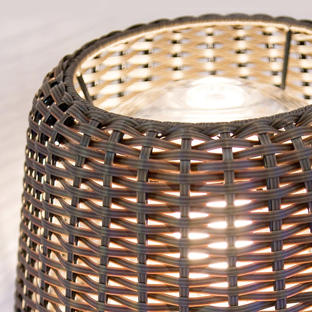 Rustic Outdoor Rattan Table Lamp IP65 Waterproof Wicker Shade with Black Stainless Steel Base