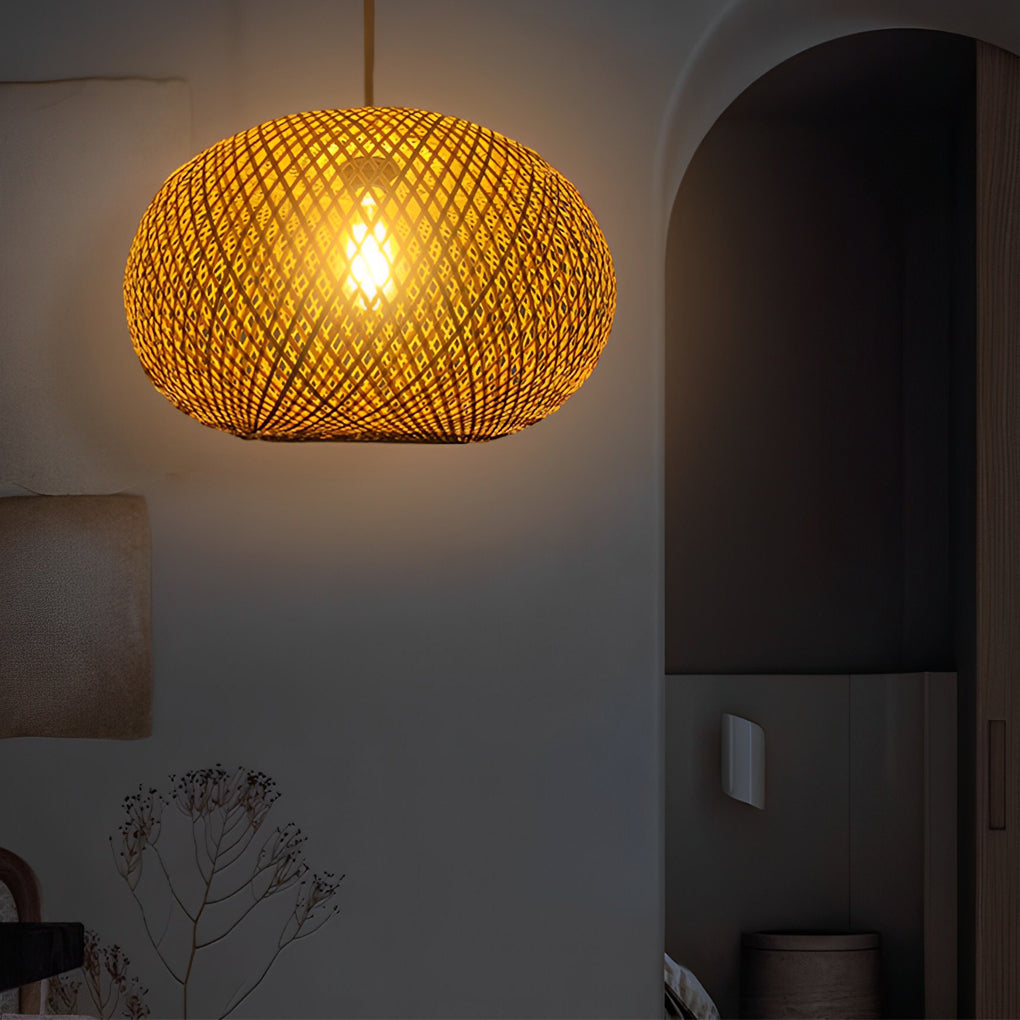 Rustic Round Bamboo Rattan Pendant Light Handmade Woven Hanging Chandelier