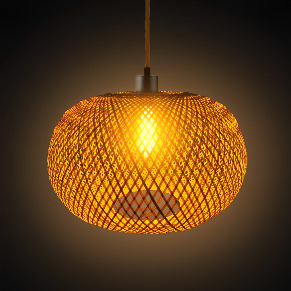 Rustic Round Bamboo Rattan Pendant Light Handmade Woven Hanging Chandelier