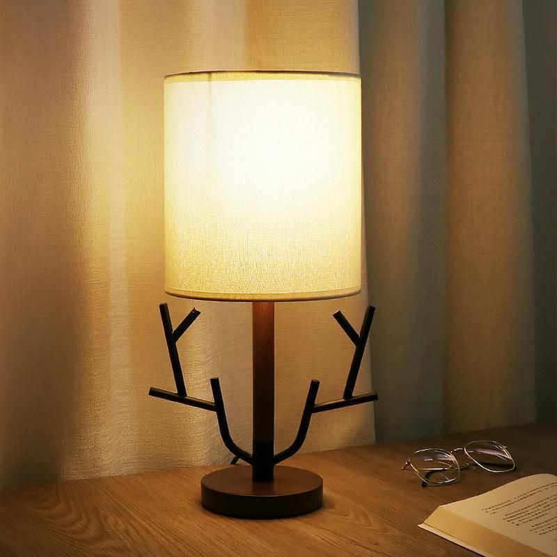 Rustic Tree Branch Table Lamp 16 Inch Vintage Wood Style Desk Light with Fabric Drum Shade US Plug