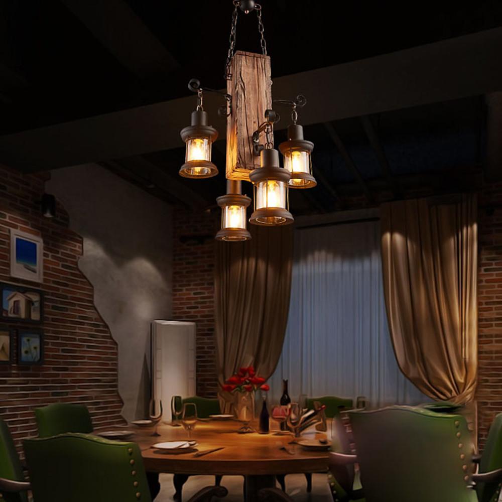 Rustic Wood Farmhouse Chandelier with 4 Lantern Lights for Kitchen Island and Dining Room