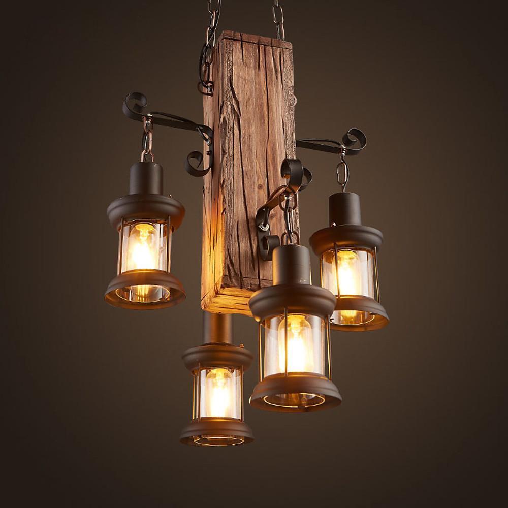 Rustic Wood Farmhouse Chandelier with 4 Lantern Lights for Kitchen Island and Dining Room