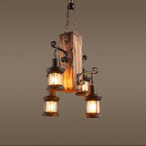Rustic Wood Farmhouse Chandelier with 4 Lantern Lights for Kitchen Island and Dining Room
