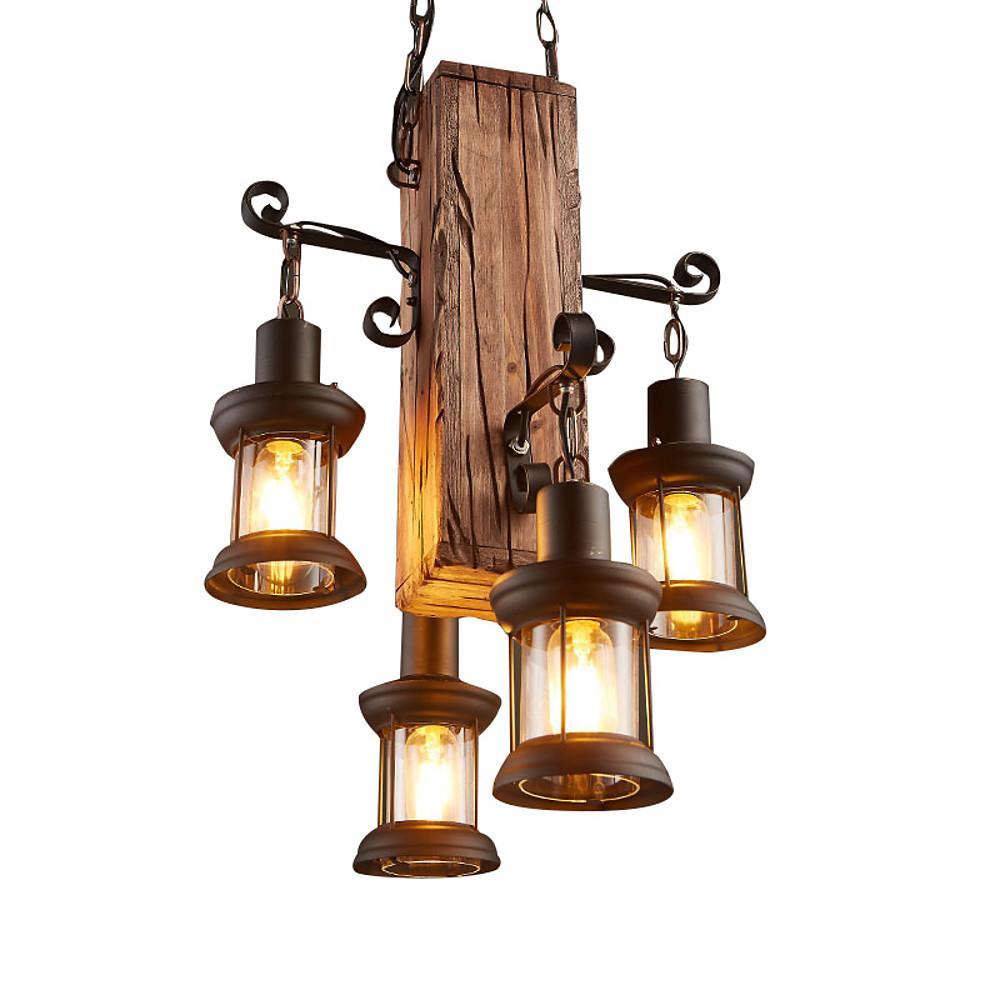 Rustic Wood Farmhouse Chandelier with 4 Lantern Lights for Kitchen Island and Dining Room