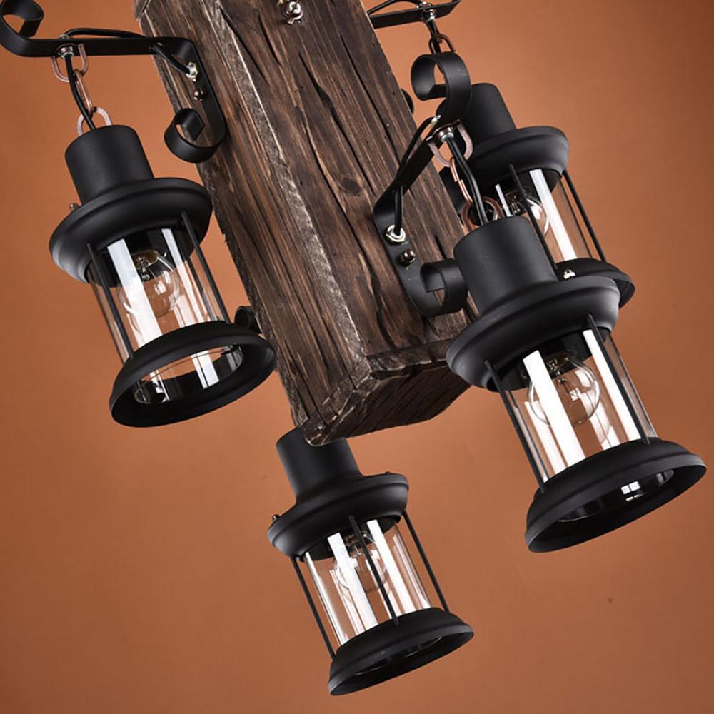 Rustic Wood Farmhouse Chandelier with 4 Lantern Lights for Kitchen Island and Dining Room