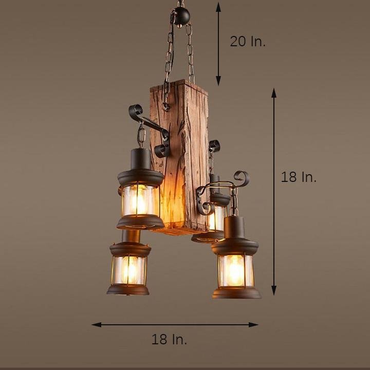 Rustic Wood Farmhouse Chandelier with 4 Lantern Lights for Kitchen Island and Dining Room