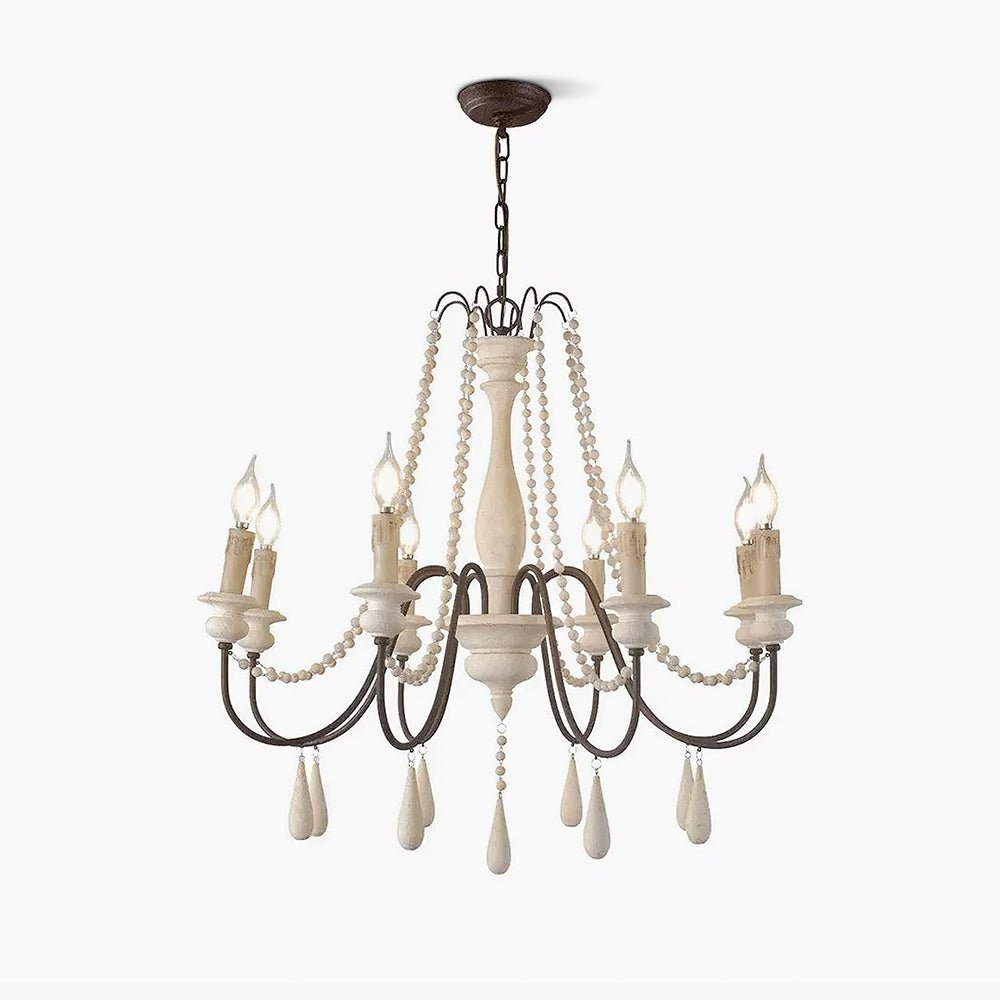 Rustic Wooden Bead Candle Style Gasolier Chandelier for Farmhouse Living Rooms