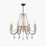 Rustic Wooden Bead Candle Style Gasolier Chandelier for Farmhouse Living Rooms