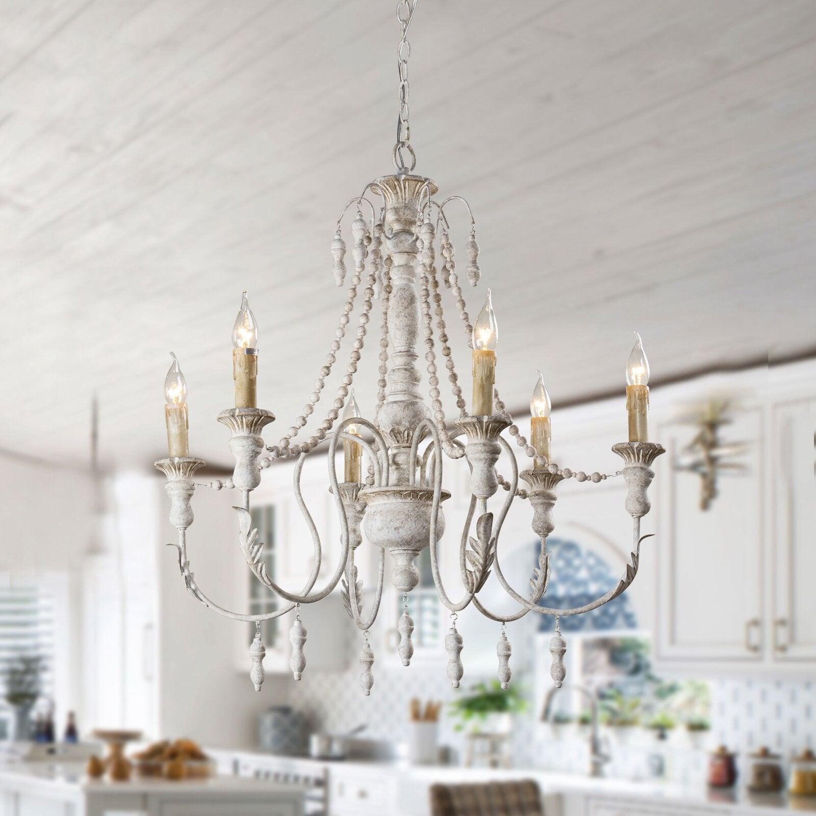 Rustic Wooden Bead Candle Style Gasolier Chandelier for Farmhouse Living Rooms