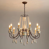 Rustic Wooden Bead Candle Style Gasolier Chandelier for Farmhouse Living Rooms