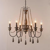 Rustic Wooden Bead Candle Style Gasolier Chandelier for Farmhouse Living Rooms
