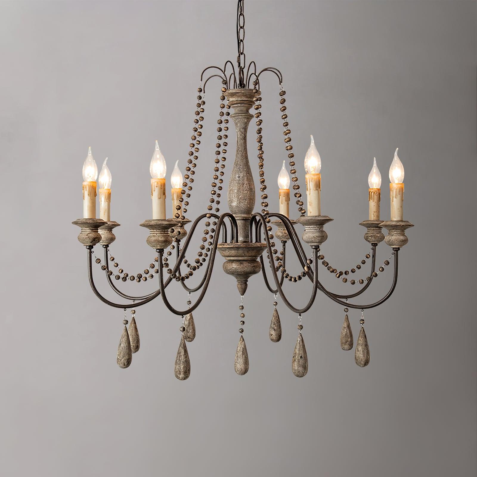 Rustic Wooden Bead Candle Style Gasolier Chandelier for Farmhouse Living Rooms