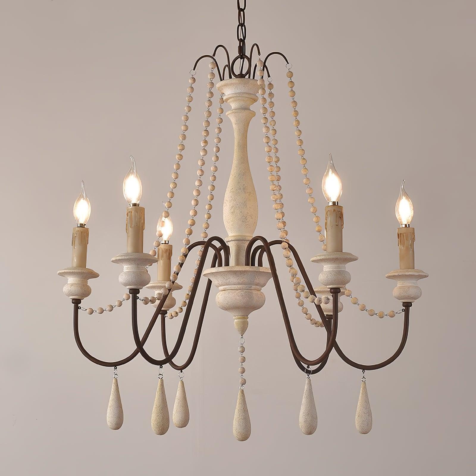 Rustic Wooden Bead Candle Style Gasolier Chandelier for Farmhouse Living Rooms