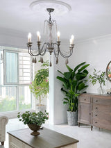Rustic Wooden Bead Candle Style Gasolier Chandelier for Farmhouse Living Rooms