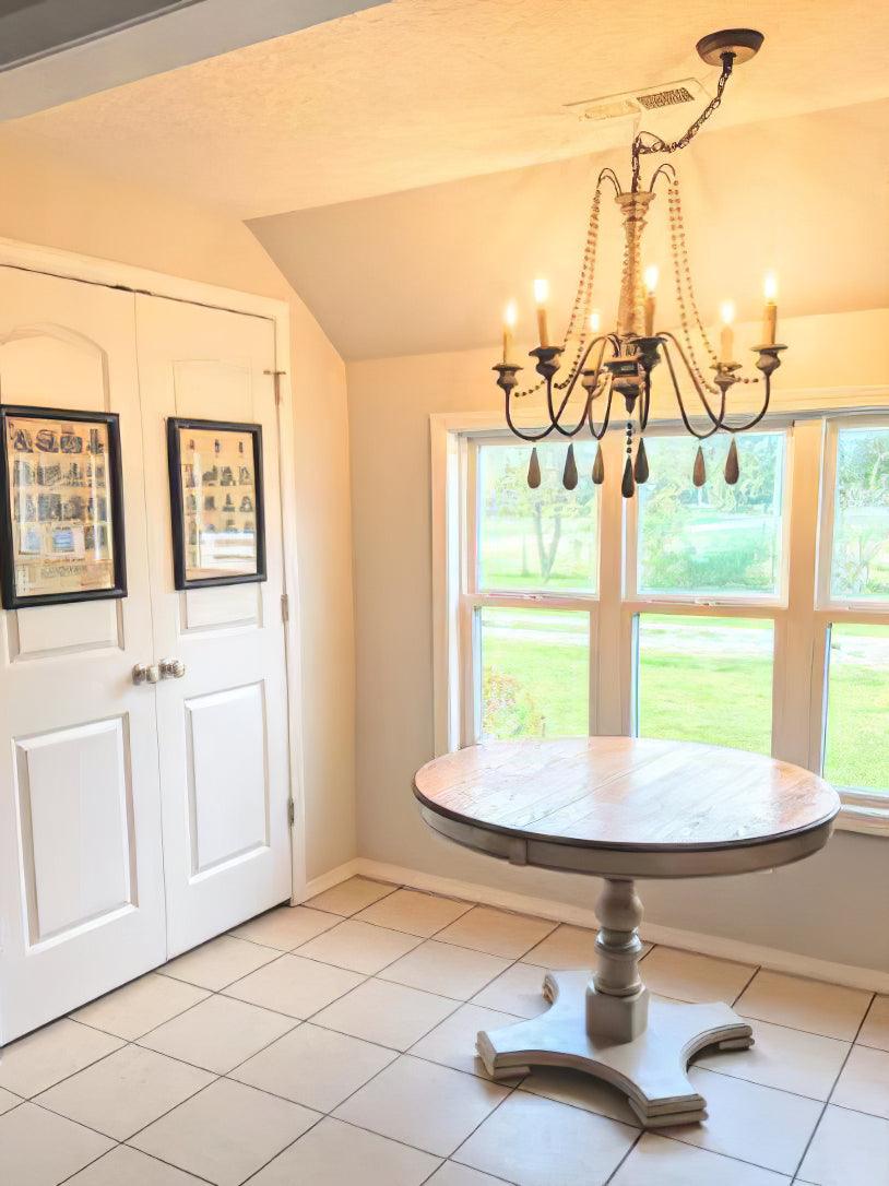 Rustic Wooden Bead Candle Style Gasolier Chandelier for Farmhouse Living Rooms