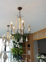 Rustic Wooden Bead Candle Style Gasolier Chandelier for Farmhouse Living Rooms