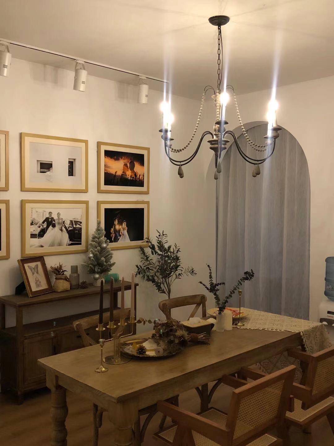 Rustic Wooden Bead Candle Style Gasolier Chandelier for Farmhouse Living Rooms