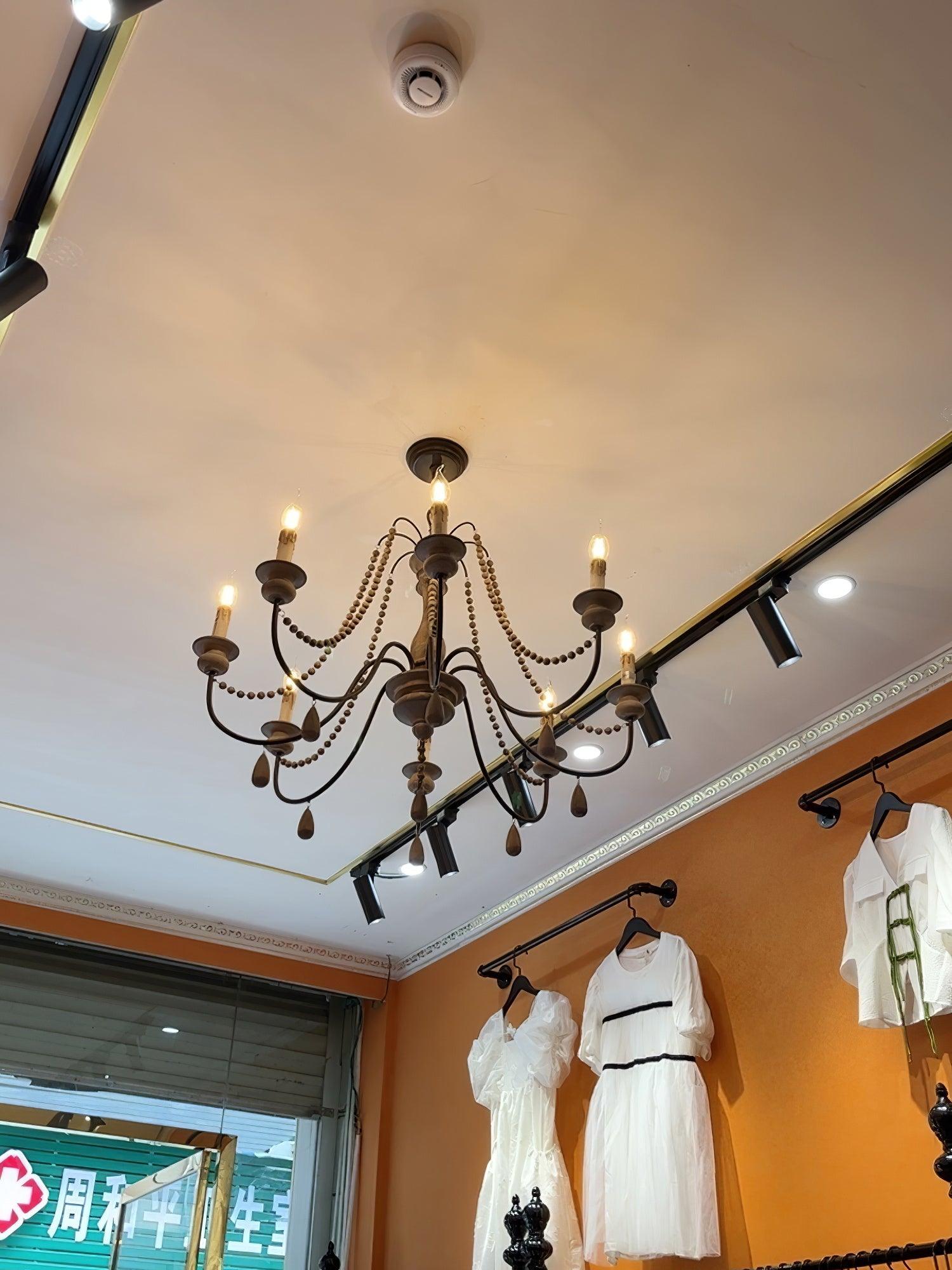 Rustic Wooden Bead Candle Style Gasolier Chandelier for Farmhouse Living Rooms
