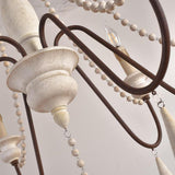 Rustic Wooden Bead Candle Style Gasolier Chandelier for Farmhouse Living Rooms