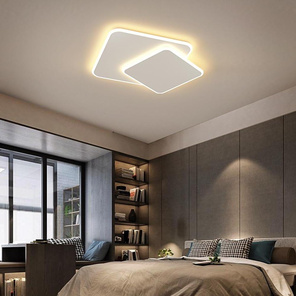 Modern White Square LED Flush Mount Ceiling Light Fixture for Bedroom and Living Room Geometric Two Tier Lighting