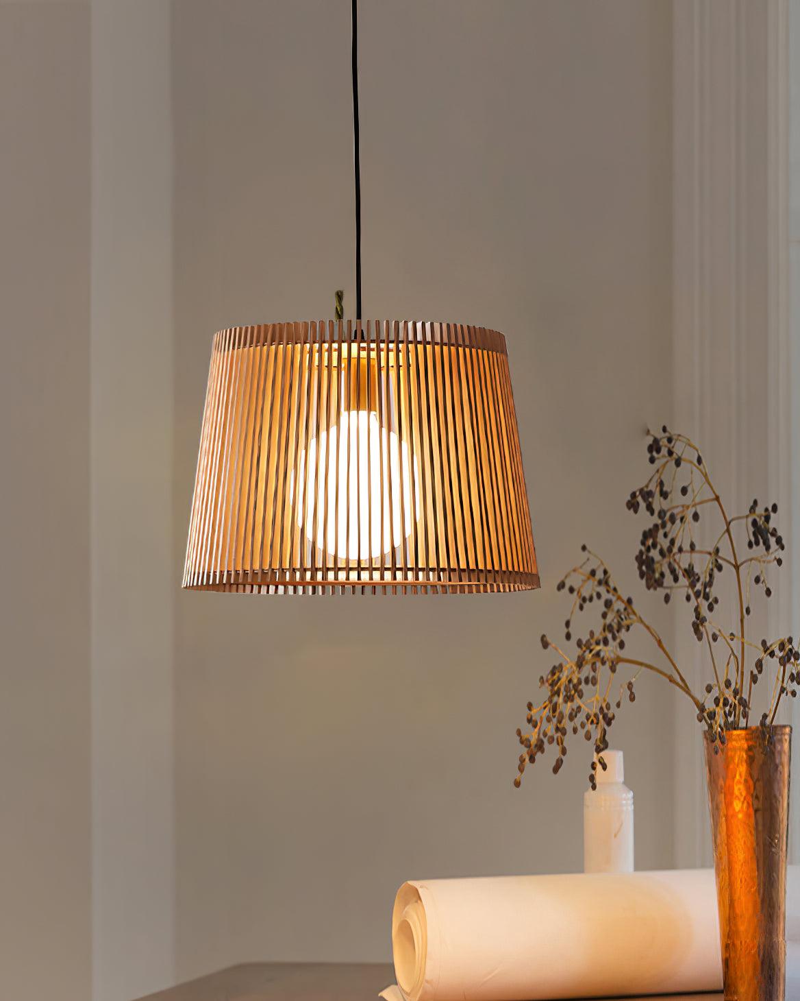 Samantha Wood Slat Pendant Light Natural Wooden Hanging Chandelier for Living Room and Dining Area